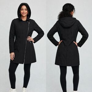 BCBGeneration Black Womens Asymmetrical Zip Soft Shell Hooded Trench Jacket Coat